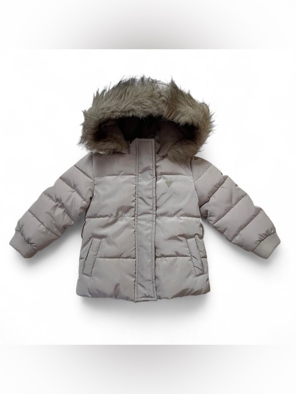 Toddler Girls Puffer Winter Jacket with Faux Fur Hood - Beige Size 2